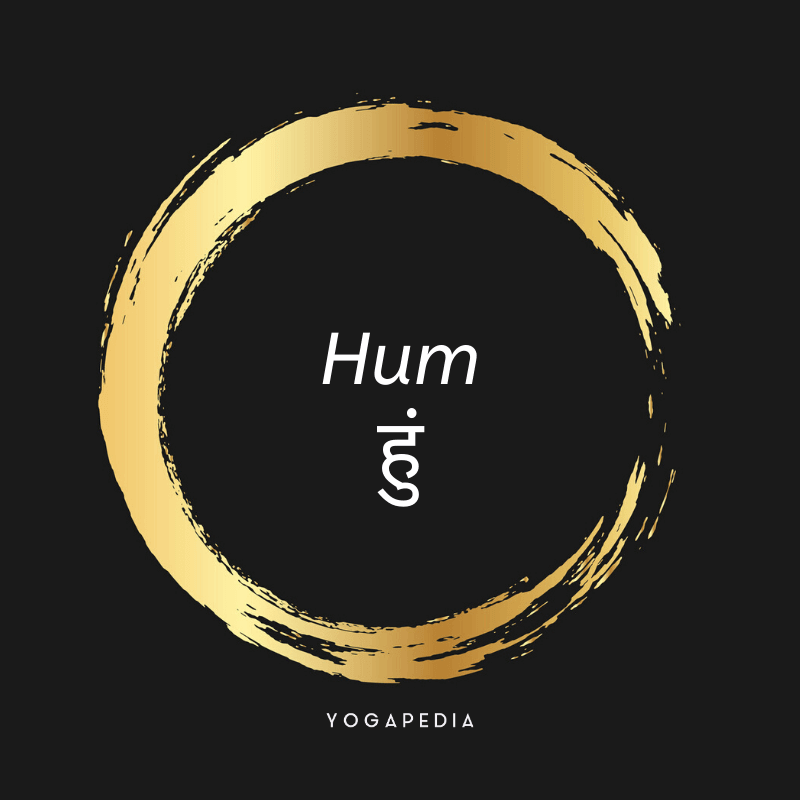 Hum mantra written in English and Sanskrit within a golden circle